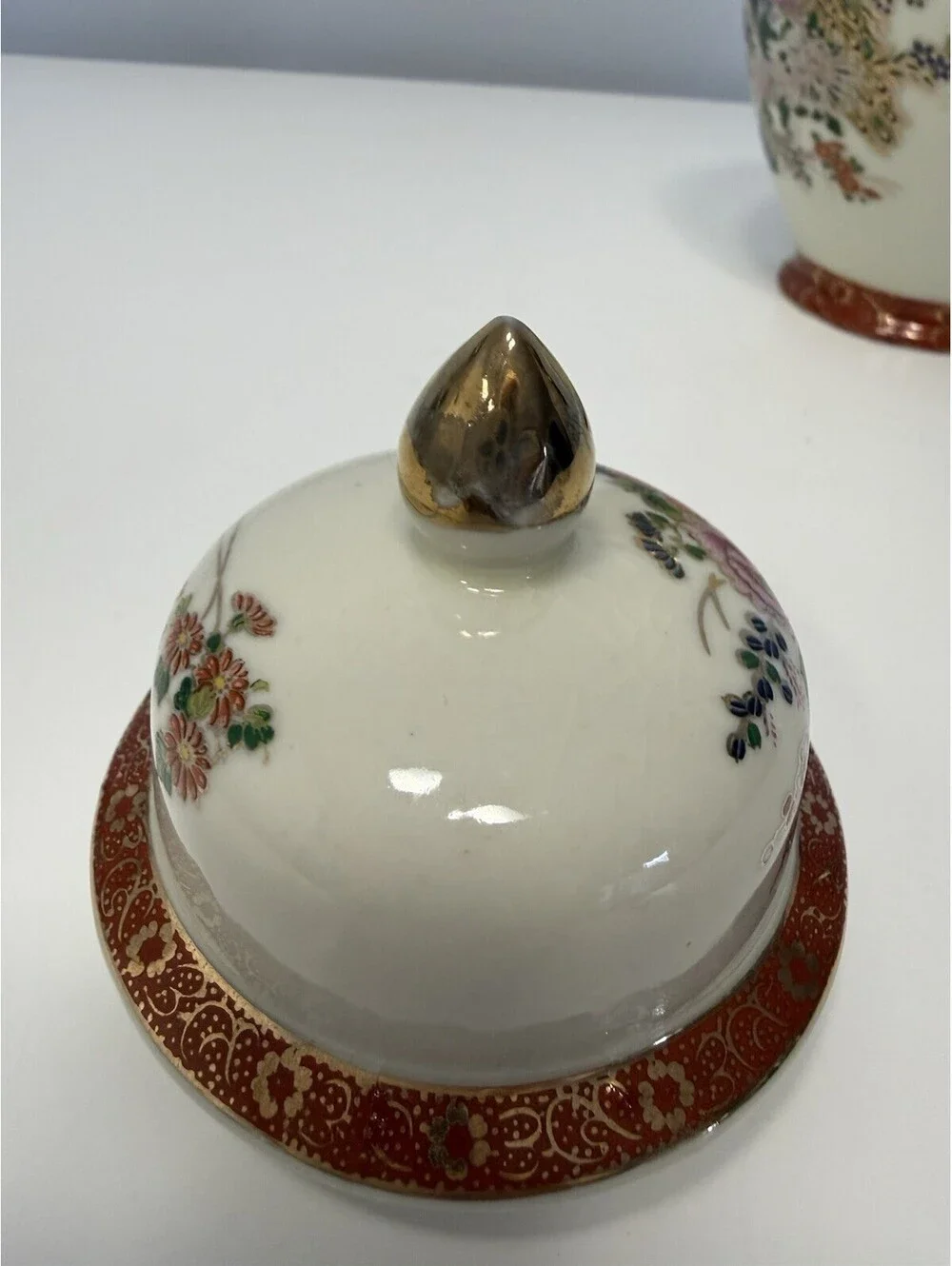 VTG Japanese SATSUMA Ginger Jar w/Lid Peacock Cherry Blossom Peony Gold Gilding